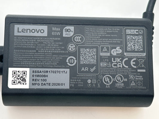 Genuine Lenovo 65W USB-C Charger - P/N ADLX65YGSCT2A - SA10R17027 - Used